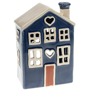 Navy Blue Village Pottery House Tealight Holder With Heart - KELLY'S SMELLIES