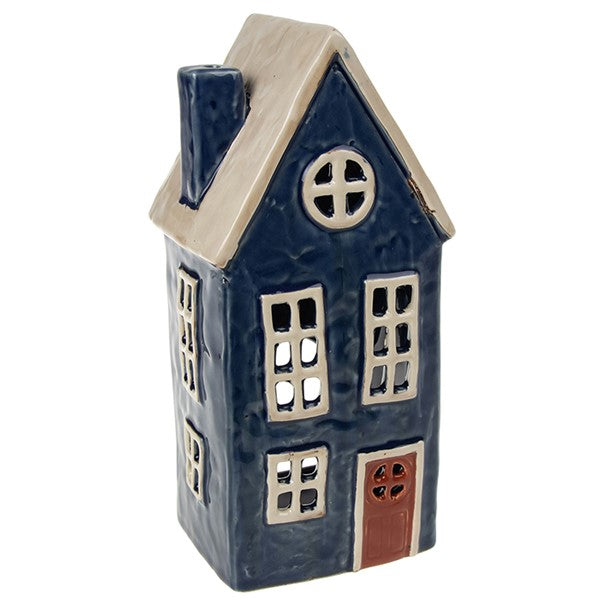 Navy Blue Tall Cottage Village Pottery Candle Holder - KELLY'S SMELLIES