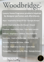 Load image into Gallery viewer, Advertisement for Woodbridge luxury home fragrance products inspired by designer perfumes and aftershaves.
